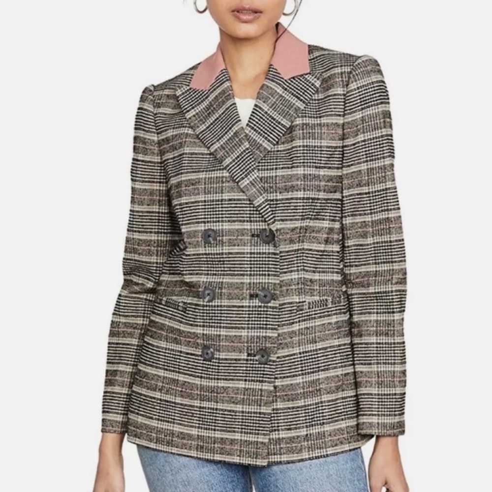 Rebecca Taylor Plaid Double-Breasted Blazer with Pink Collar